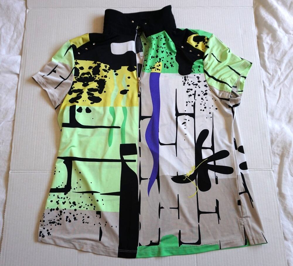 Jamie Sadock Golf Polo Short Sleeved Quarter Zip Abstract Print Lime Green Large